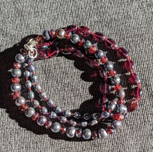 Black Pearl and Garnet Triple Strand Bracelet